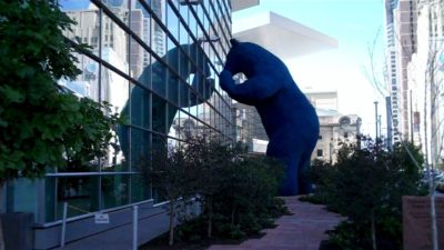 A giant thirsty bear outside the Colorado Convention Center watches the GABF crowd inside, desperate for a beer